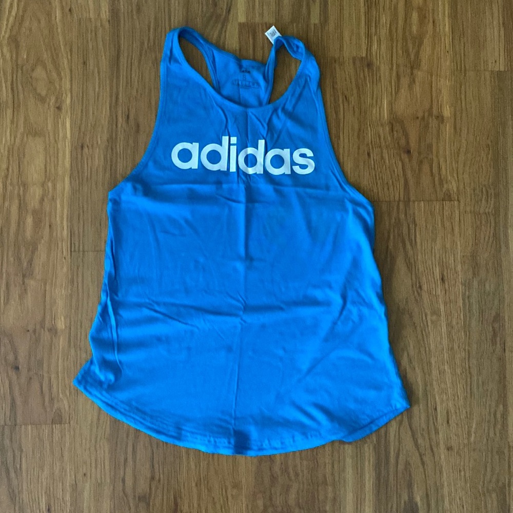 Adidas Racerback tank top in blue with white writing